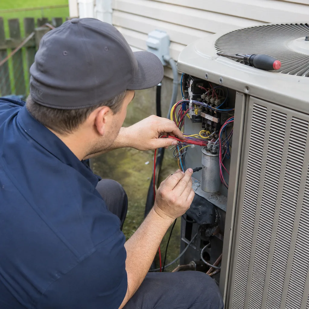HVAC technician testing an air conditioning capacitor with a multimeter nationwide