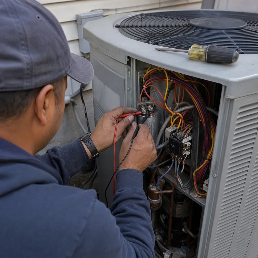Two HVAC technicians installing a residential central air conditioning unit