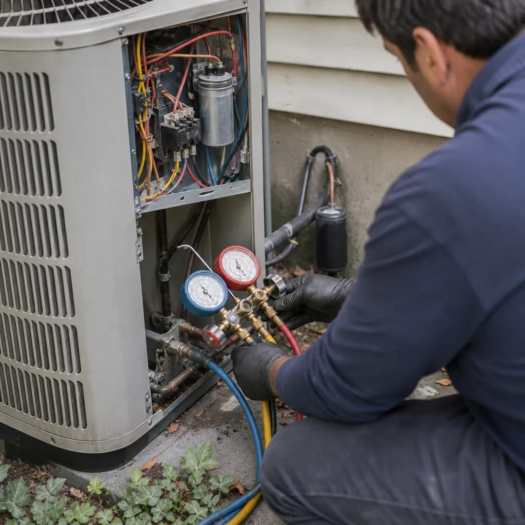 HVAC technician performing professional air conditioner installation and maintenance