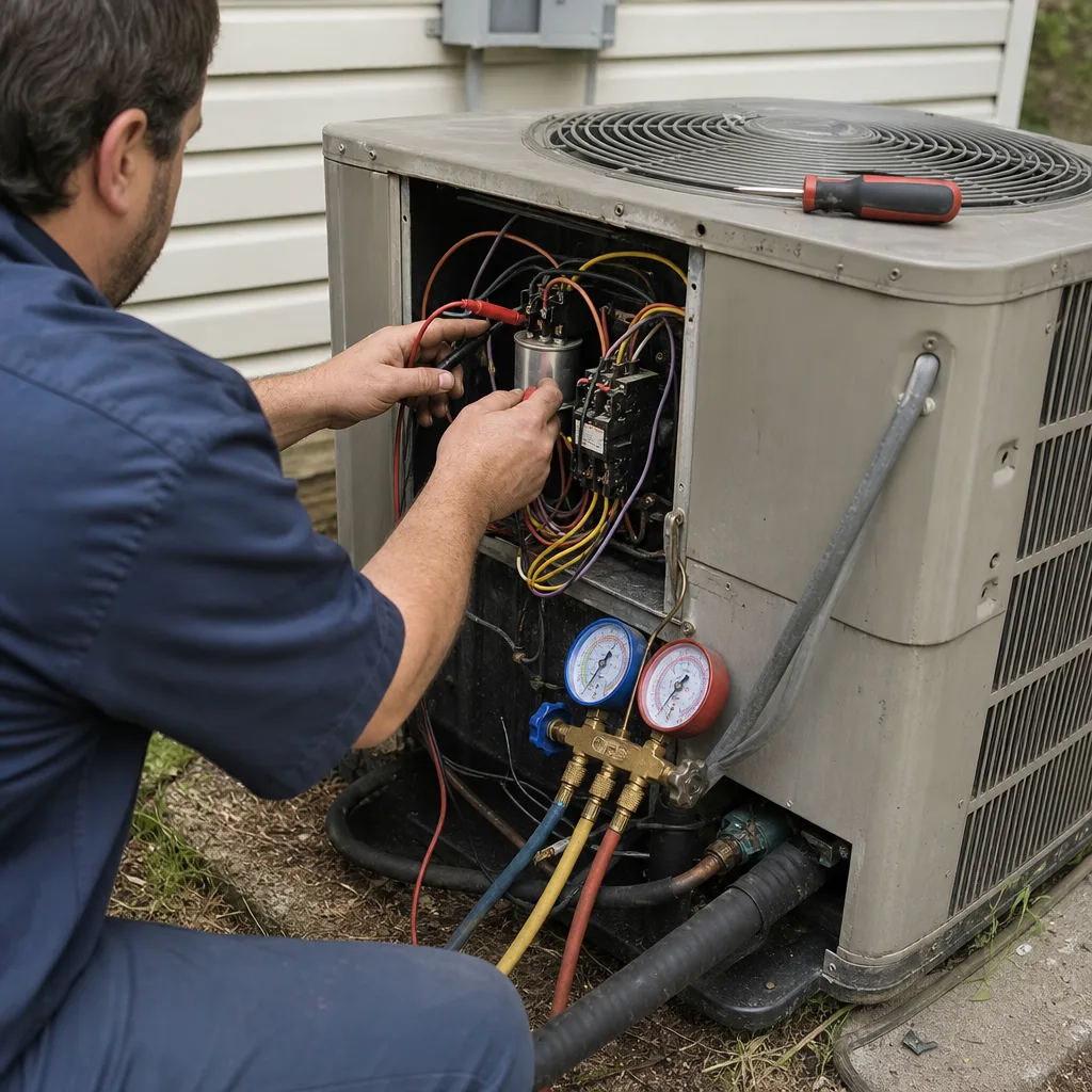 HVAC technician testing an air conditioner capacitor with a multimeter