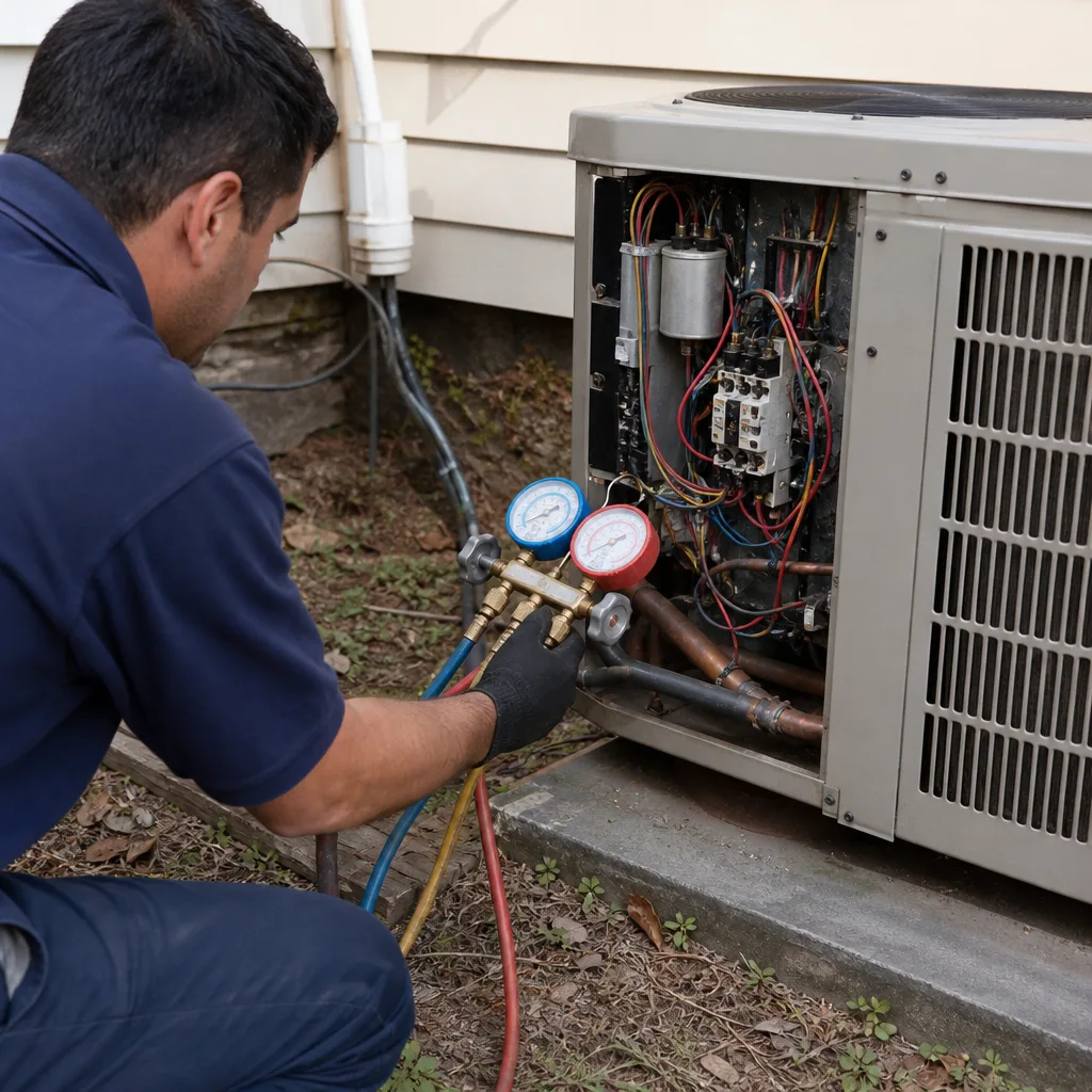 HVAC technician using a multimeter to repair an outdoor AC unit