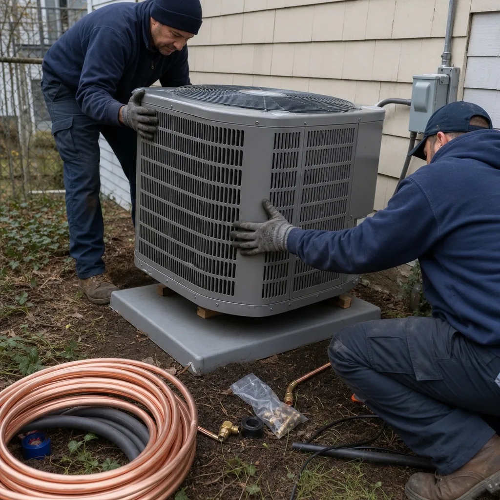 HVAC technician performing professional air conditioner repair and maintenance service nationwide