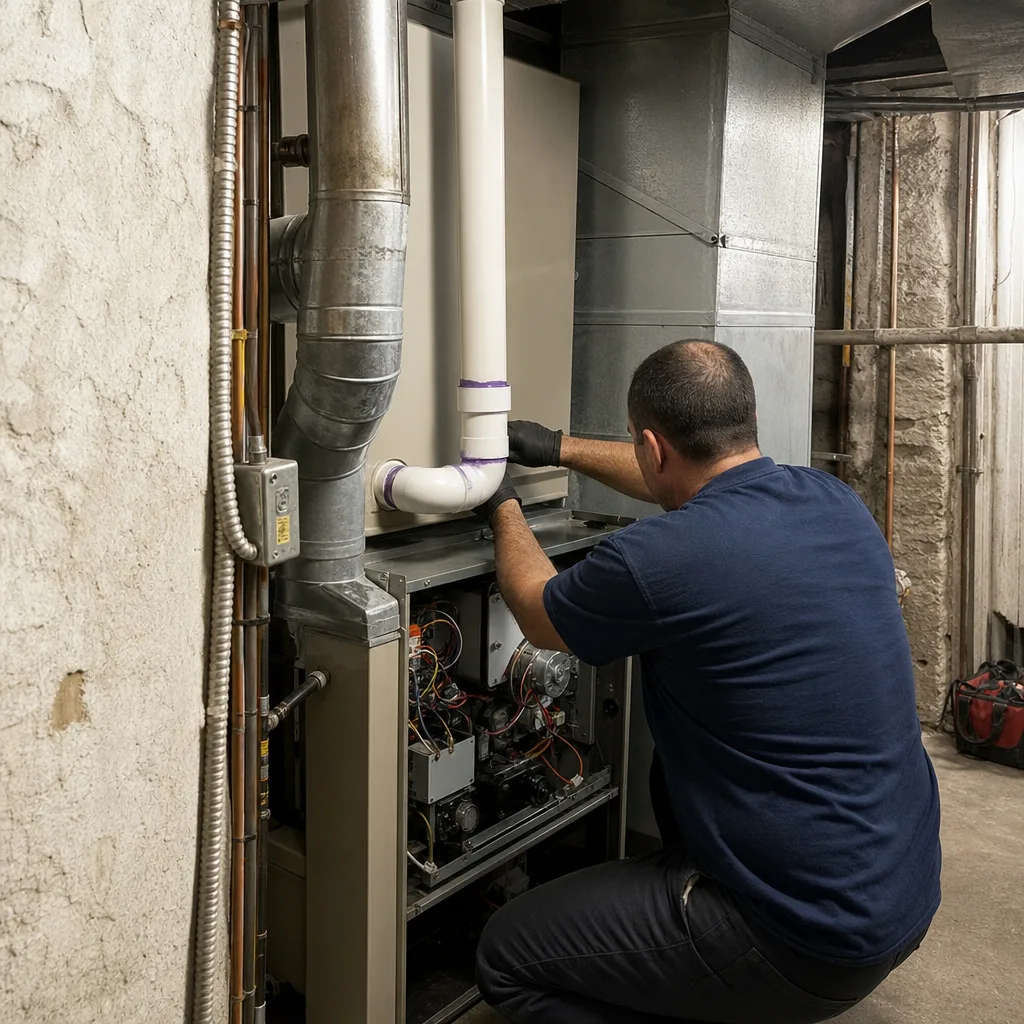 HVAC technician performing furnace repair and diagnostic testing on a heating system nationwide