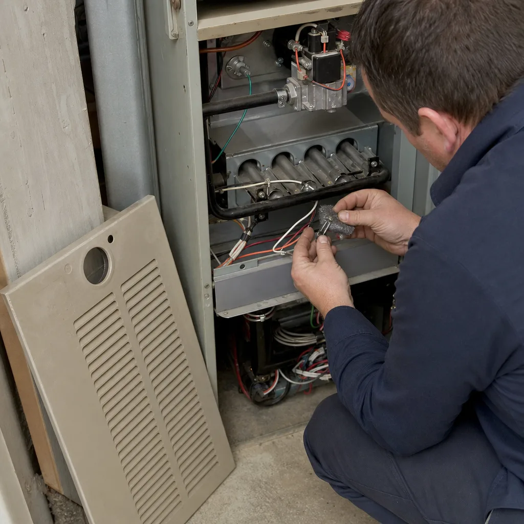 HVAC technician performing furnace repair and flame sensor cleaning nationwide